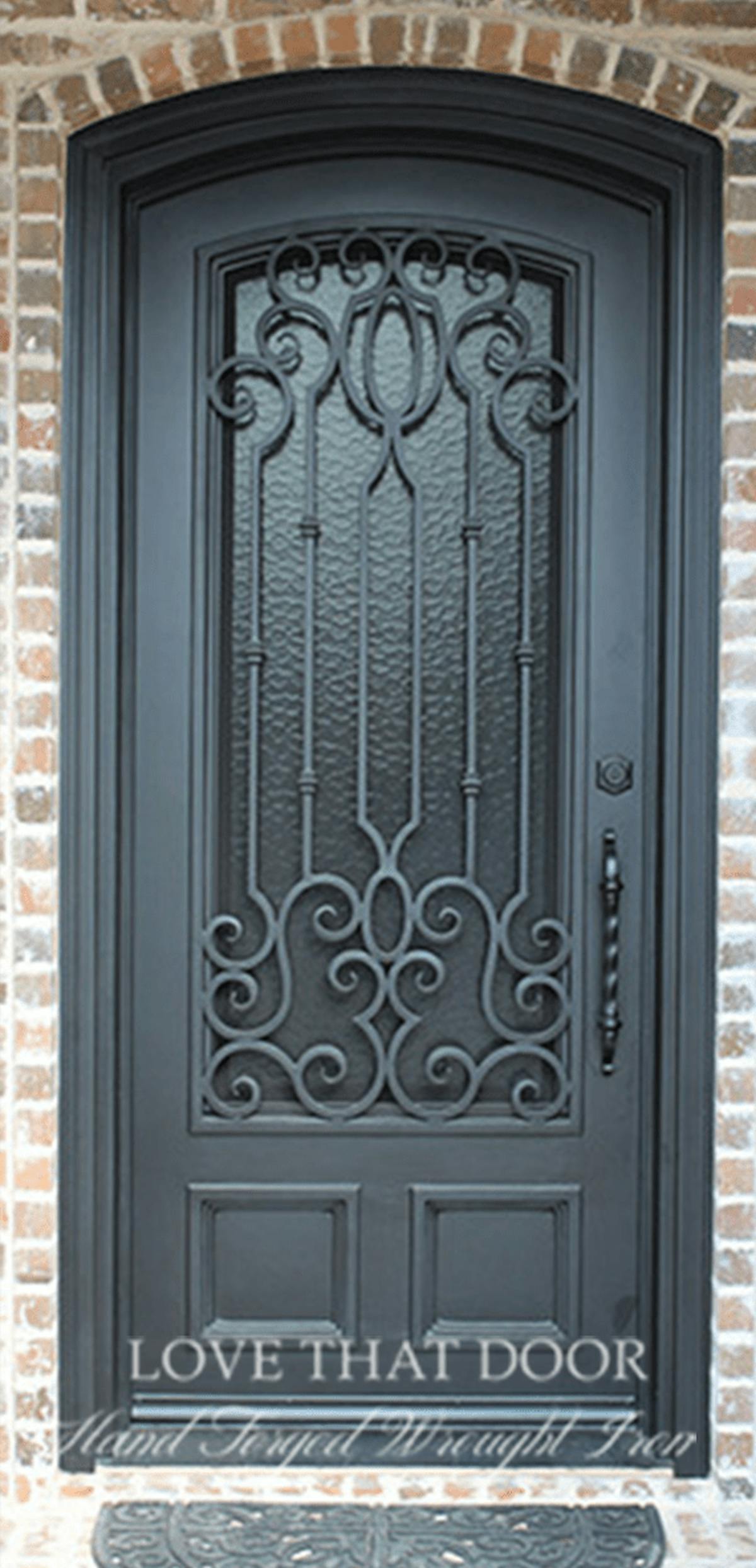 Elegant single iron door with arched glass panel and classic design