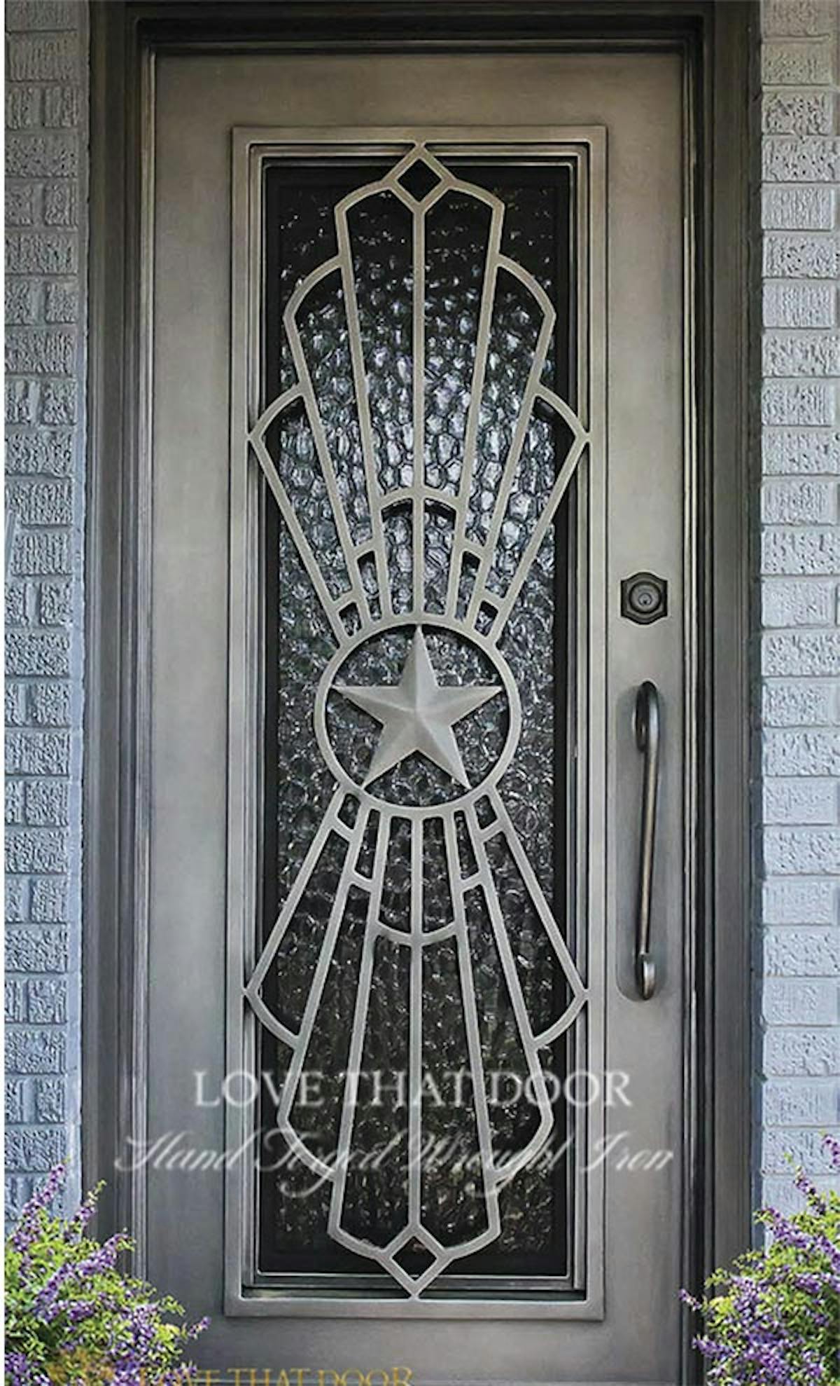Stylish single iron front door with intricate wrought iron details