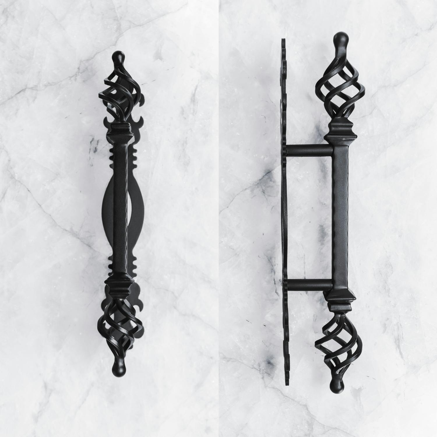 Artistic iron door handle with intricate metalwork and decorative accents