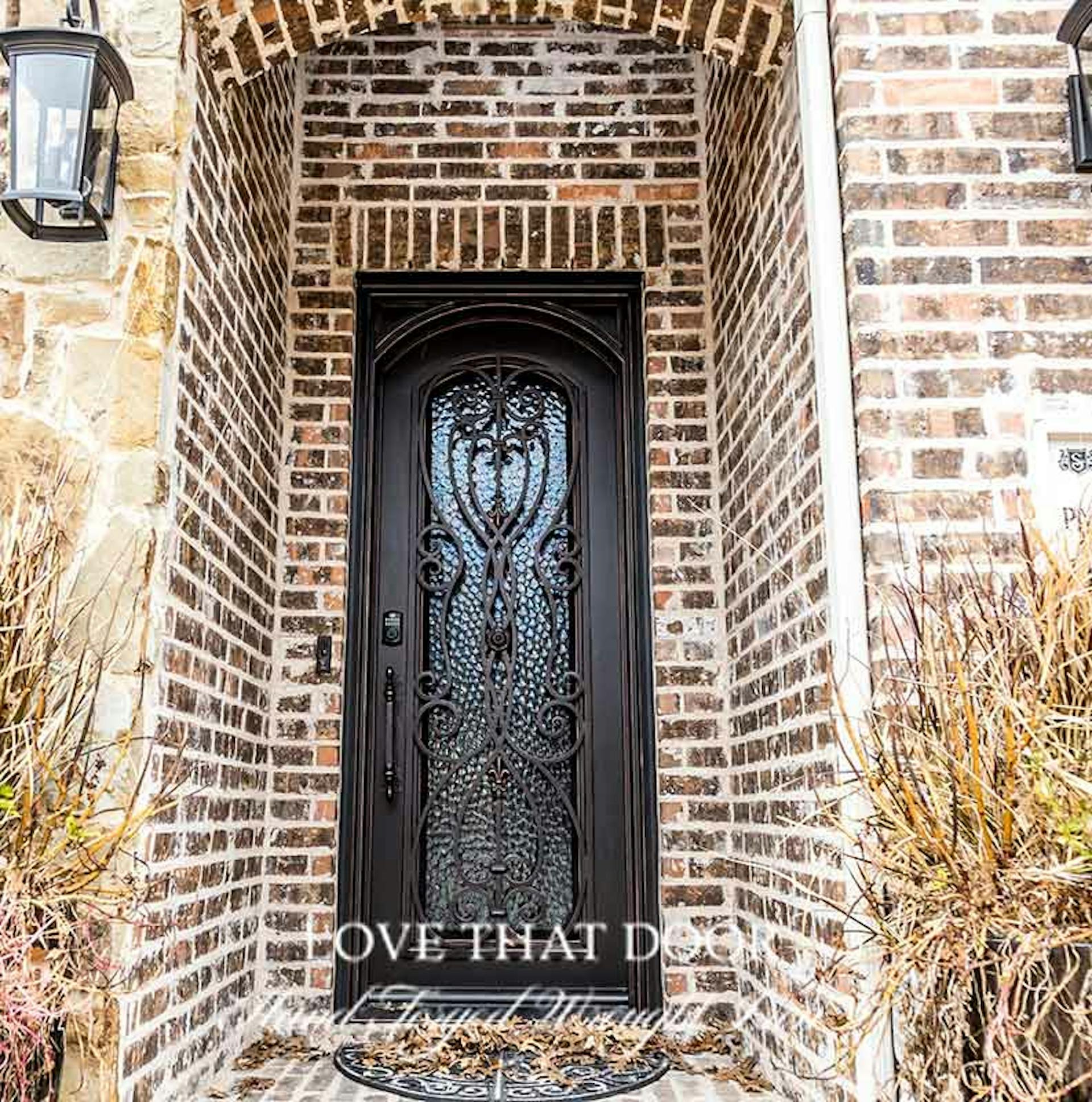 Single iron door with decorative grillwork and patterns