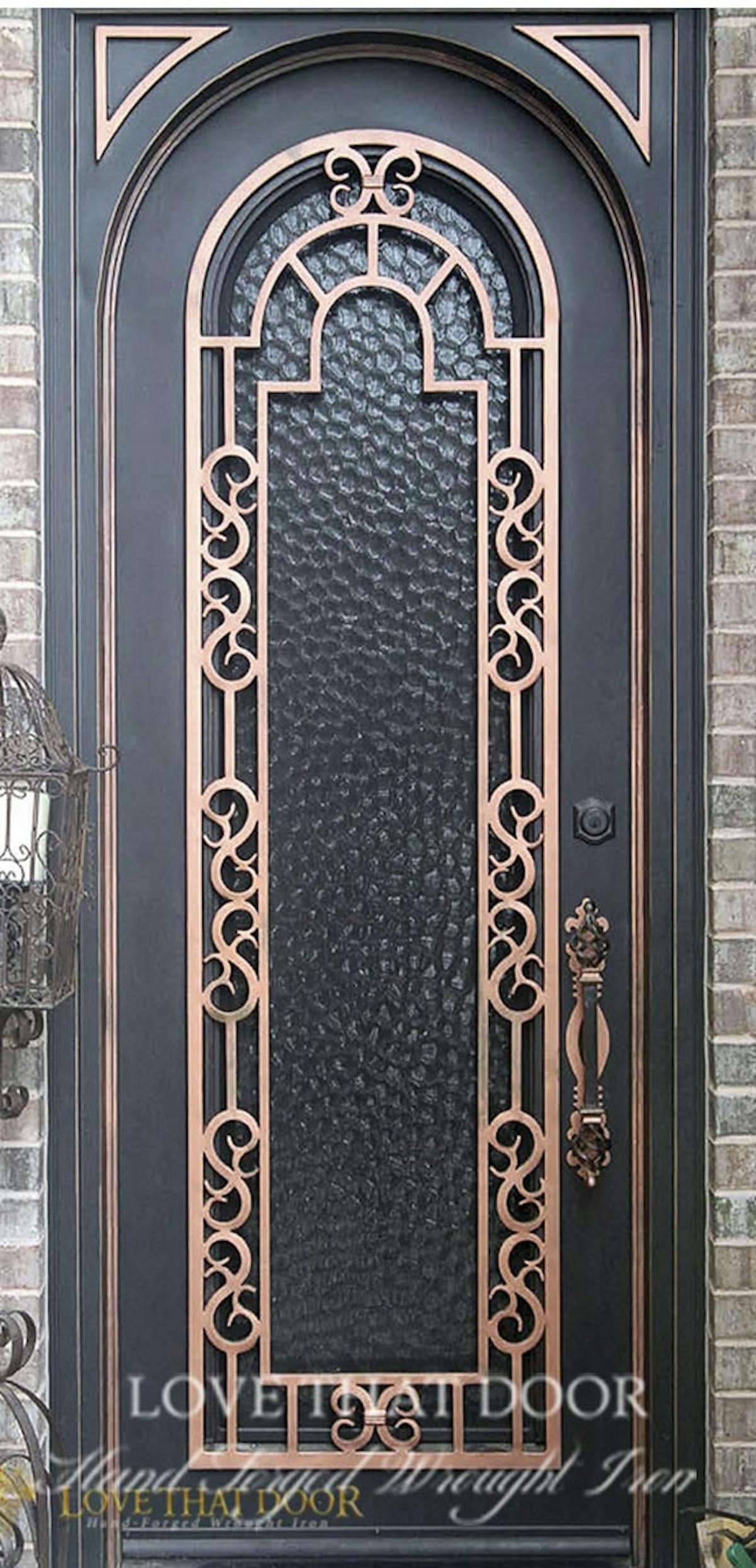 Elegant single iron door with intricate scrollwork and glass panel