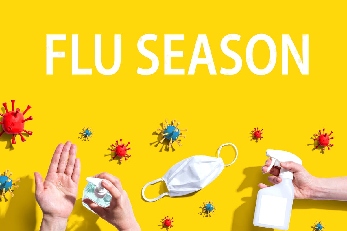 Flu Season Coronavirus theme with hygiene and viral objects