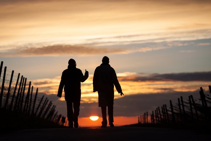 two silhouetted seniors walking in sunset