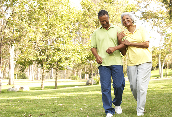 An older couple enjoys a walk together through a sunny, tree-filled park.
