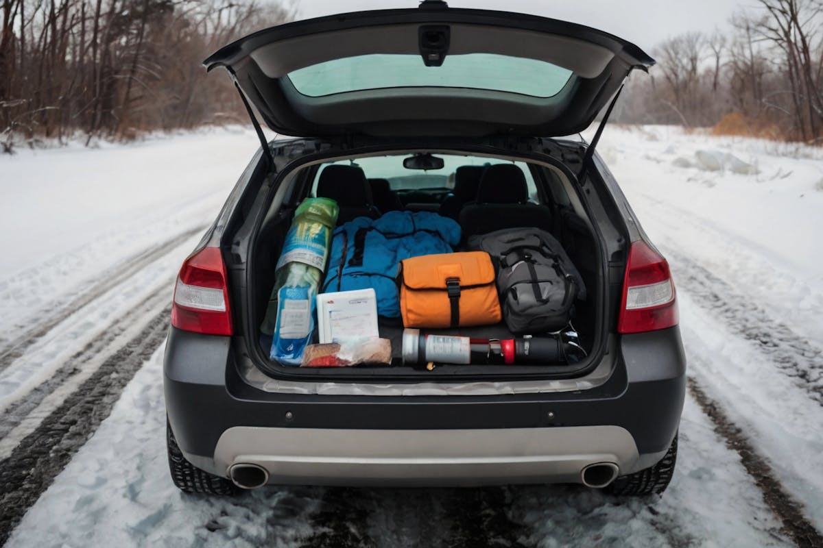 Car on a winter road. Neatly packed suitcase with winter emergency kit: blankets, flashlight and ice scraper.