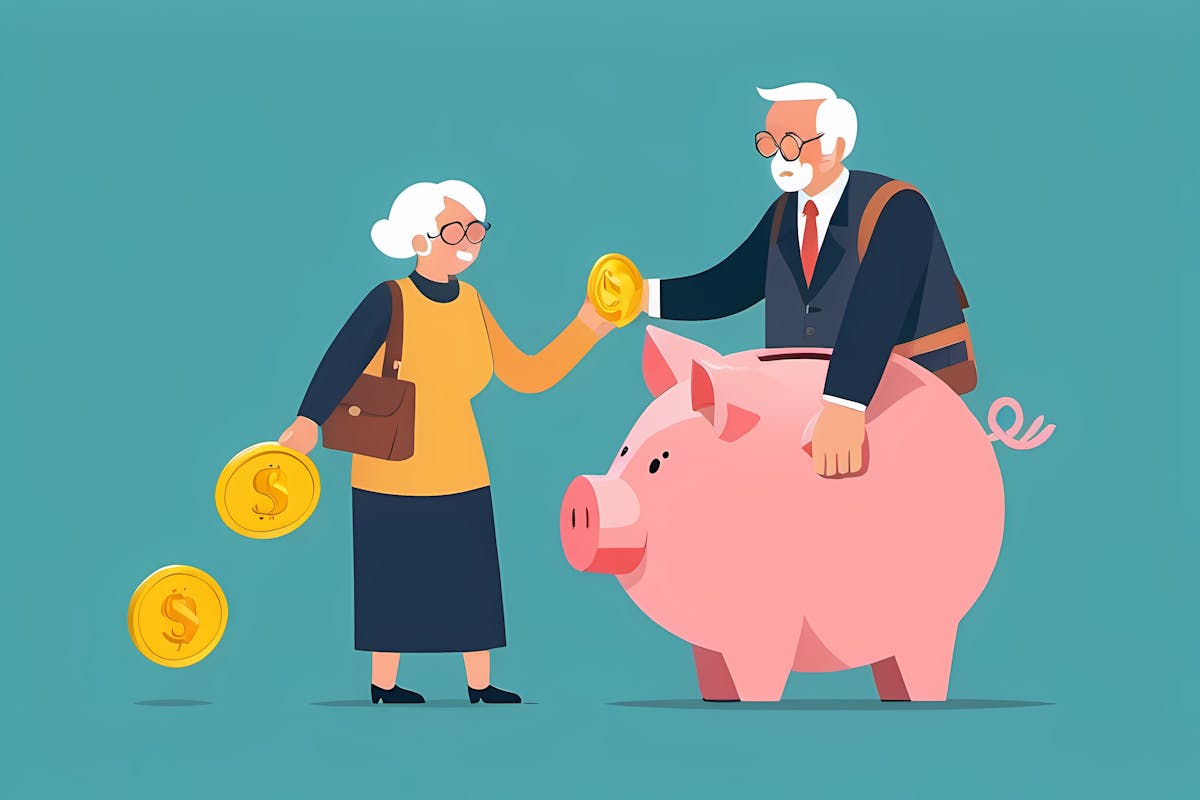 Protect retirement pension money from fraud, ponzi scheme or cost and tax that impact retiree investment fund concept, senior grandparent couple pull back their piggy bank money from thief hand.