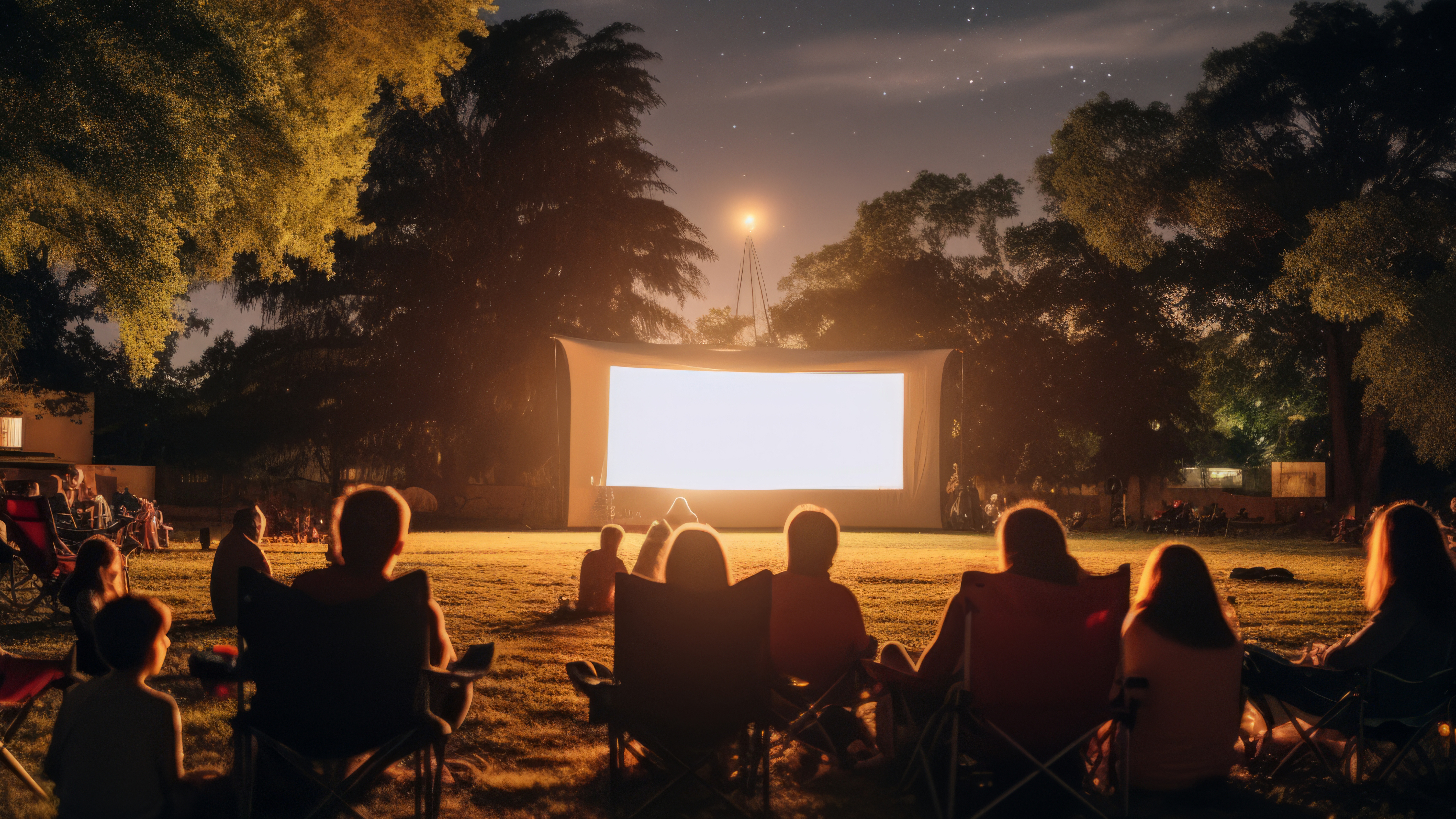 people watching a movie outdoors at night in a park sitting on chairs facing a large screen