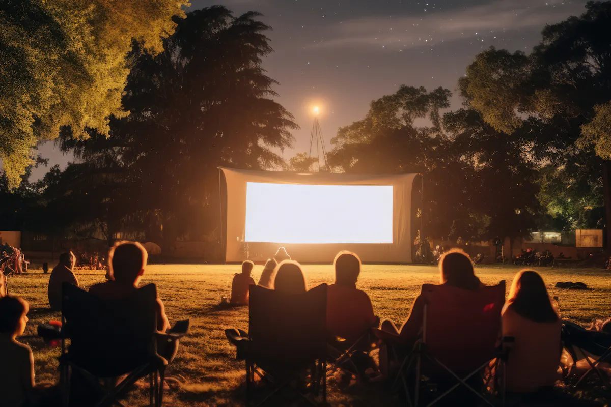 people watching a movie outdoors at night in a park sitting on chairs facing a large screen
