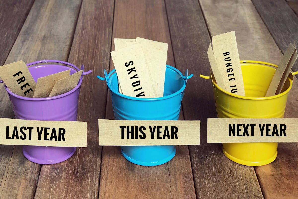 Conceptual and inspirational resolution wordings - ‘Last year, this year and next year’ written on sticky notes. With vintage styled background.