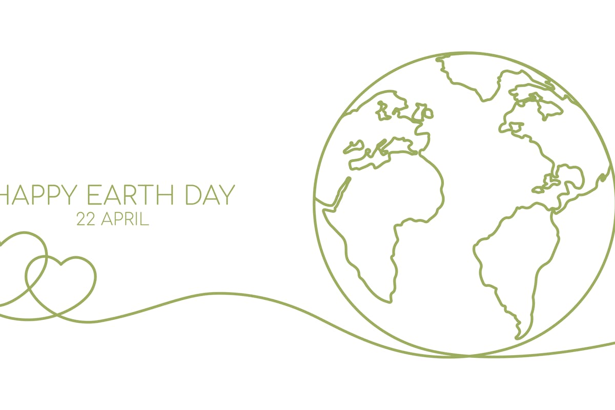 Happy earth day banner by green continuous single line drawing heart embrace and world map isolated on white background for banner in concept environment, ecology, eco friendly
