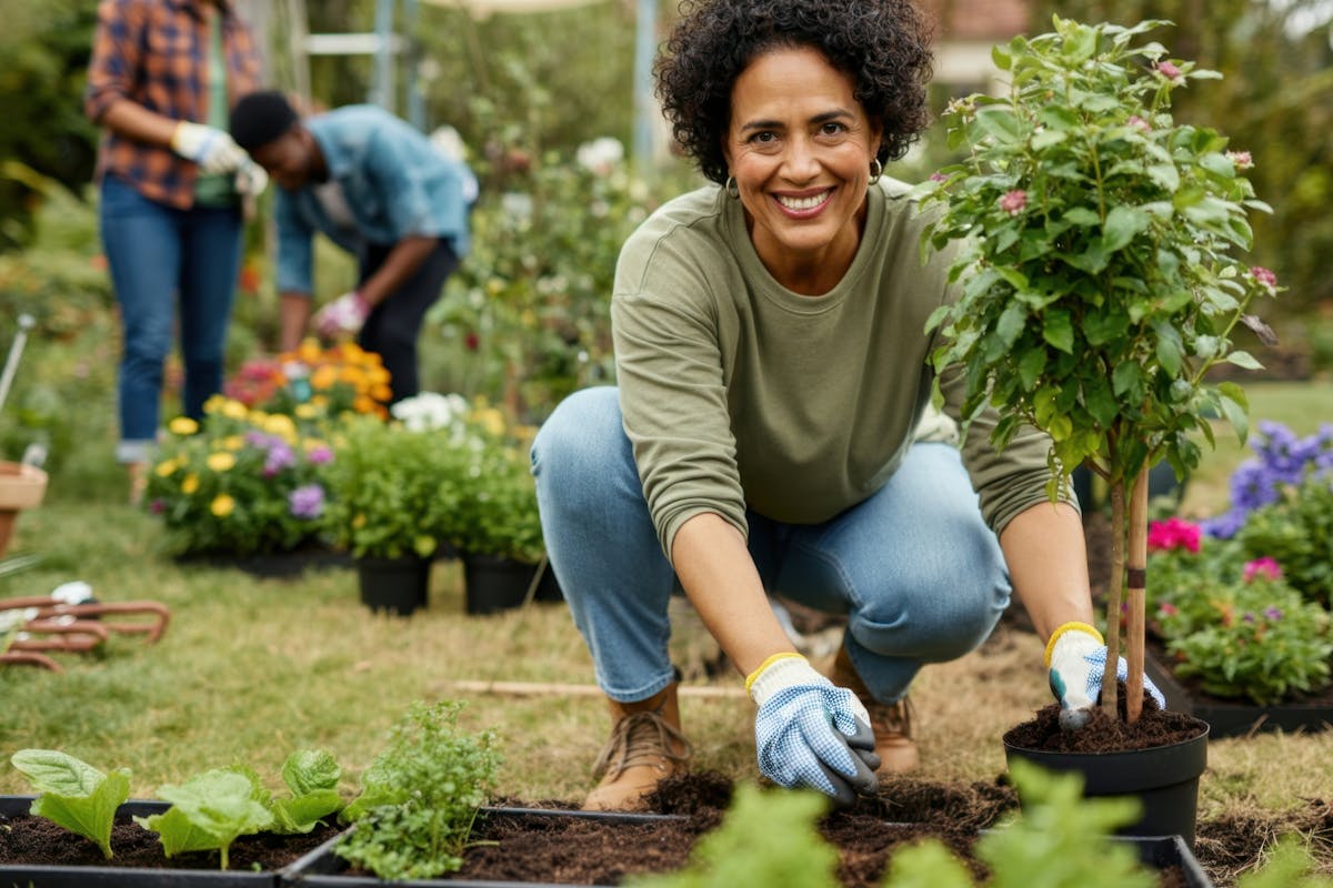 Happy woman planting herbs and small tree in backyard garden, family gardening in background