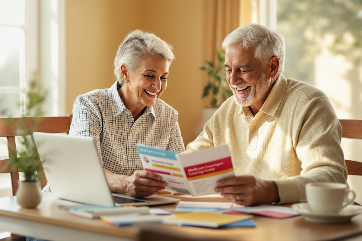 happy senior couple sitting at a table in a bright, cozy room. They are smiling and looking at documents together, which appear to be related to Medicare coverage based on the headings visible on the papers.