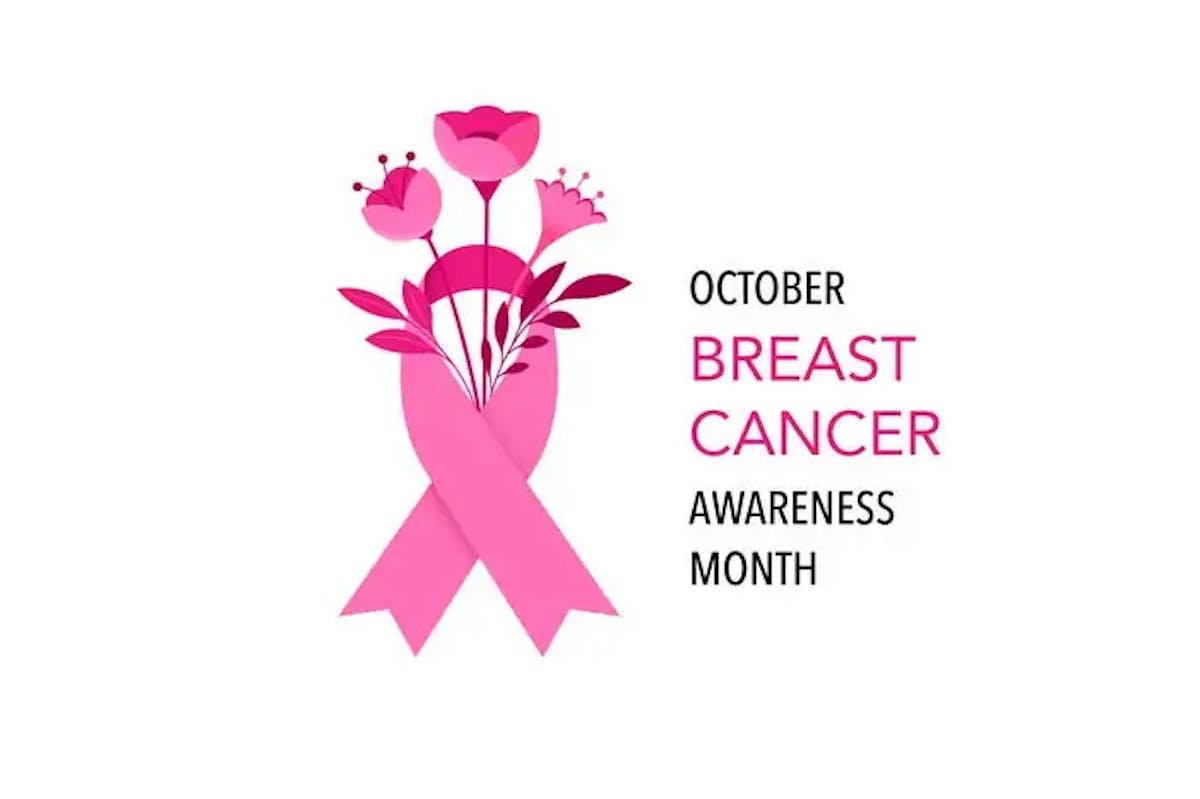 pink ribbon with flowers blooming from it, symbolizing hope and strength. It includes the text “October Breast Cancer Awareness Month,” highlighting support and awareness for breast cancer