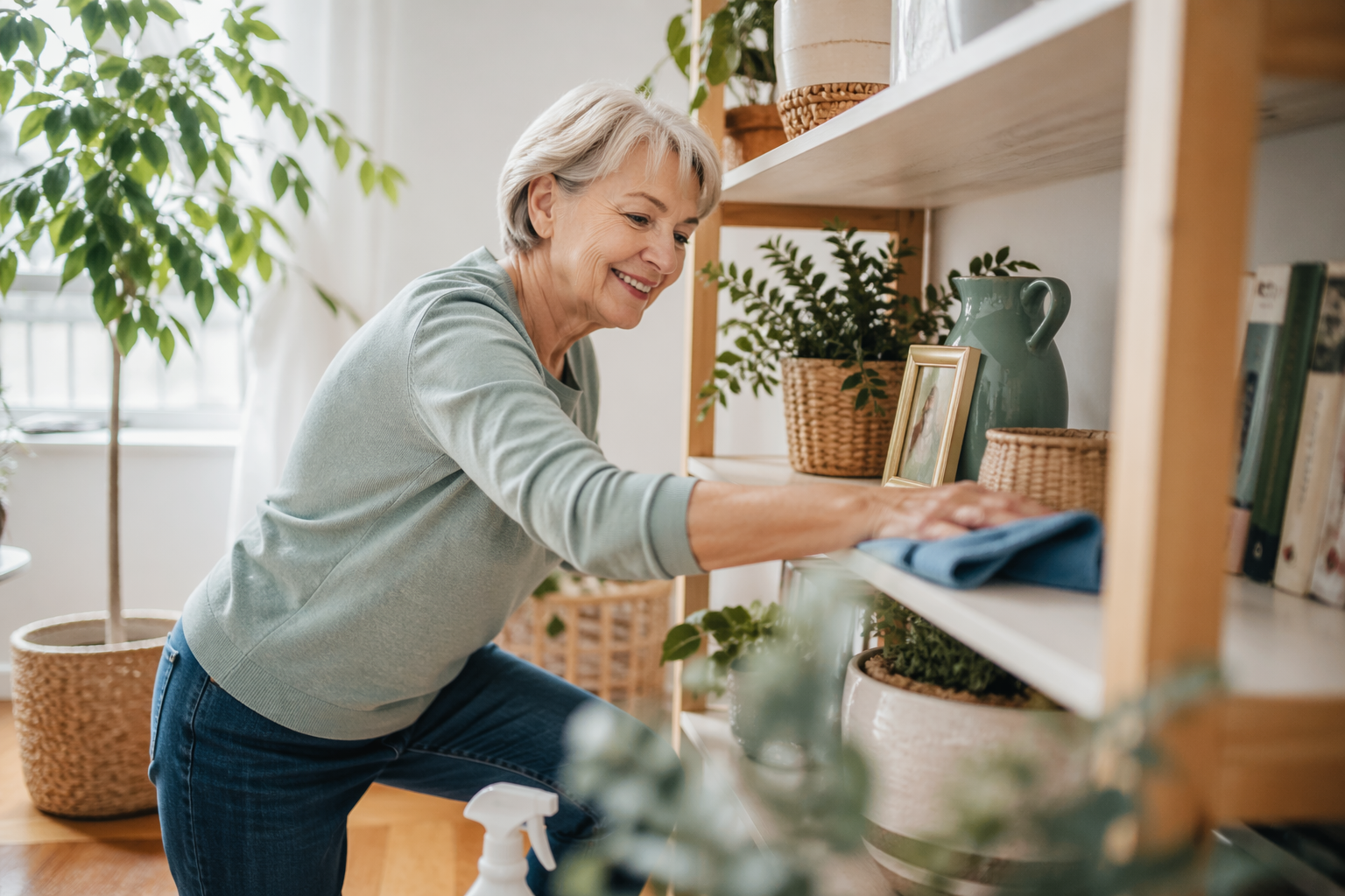 A smiling senior woman wipes down a bookshelf in a bright, plant-filled living room as part of her spring cleaning routine