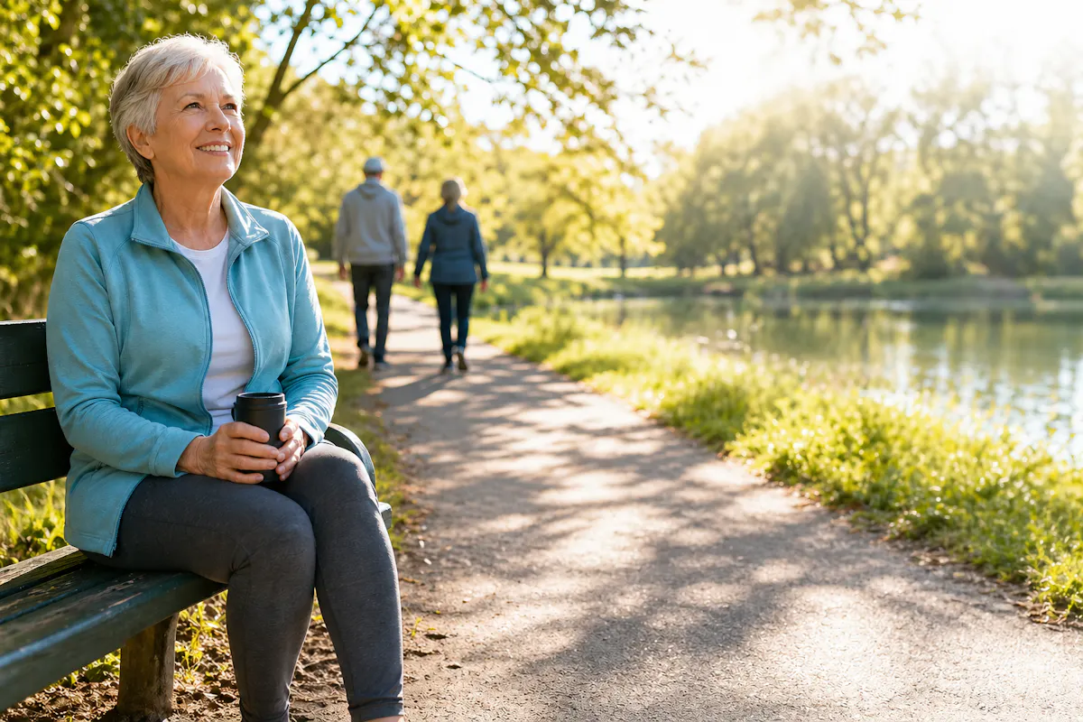 An older woman sits peacefully on a park bench holding a mug while a couple walks along a sunlit path beside a calm lake in the background.