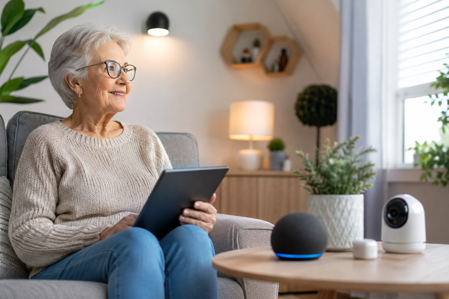 An older woman relaxes in a cozy modern living room while using smart home technology designed to support safe and independent living.