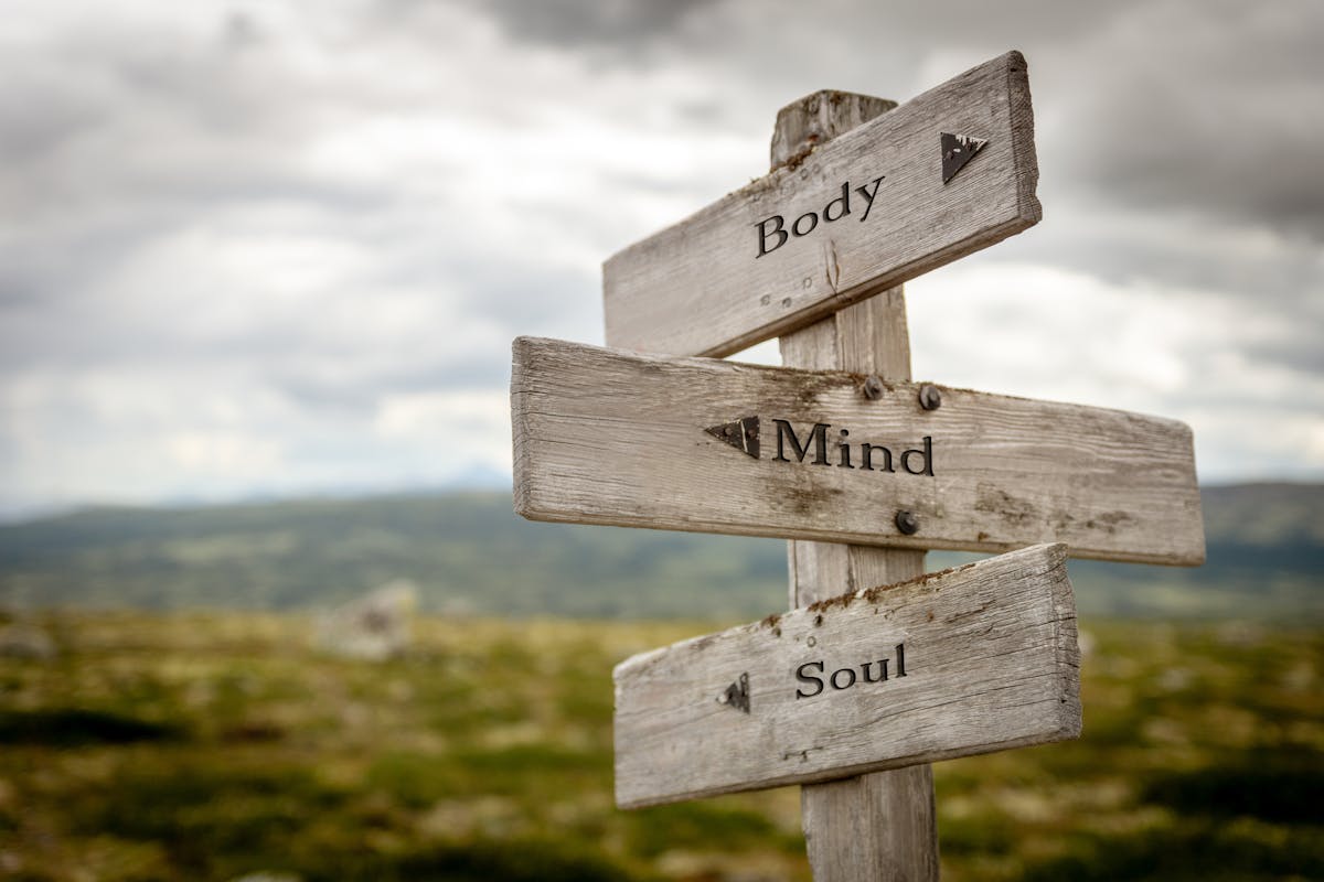 body mind soul text engraved on old wooden signpost outdoors in nature. Quotes, words and illustration concept.