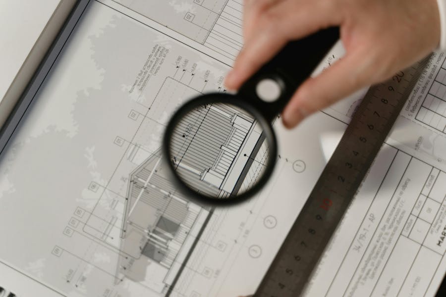 hand with magnifine glass over paper work