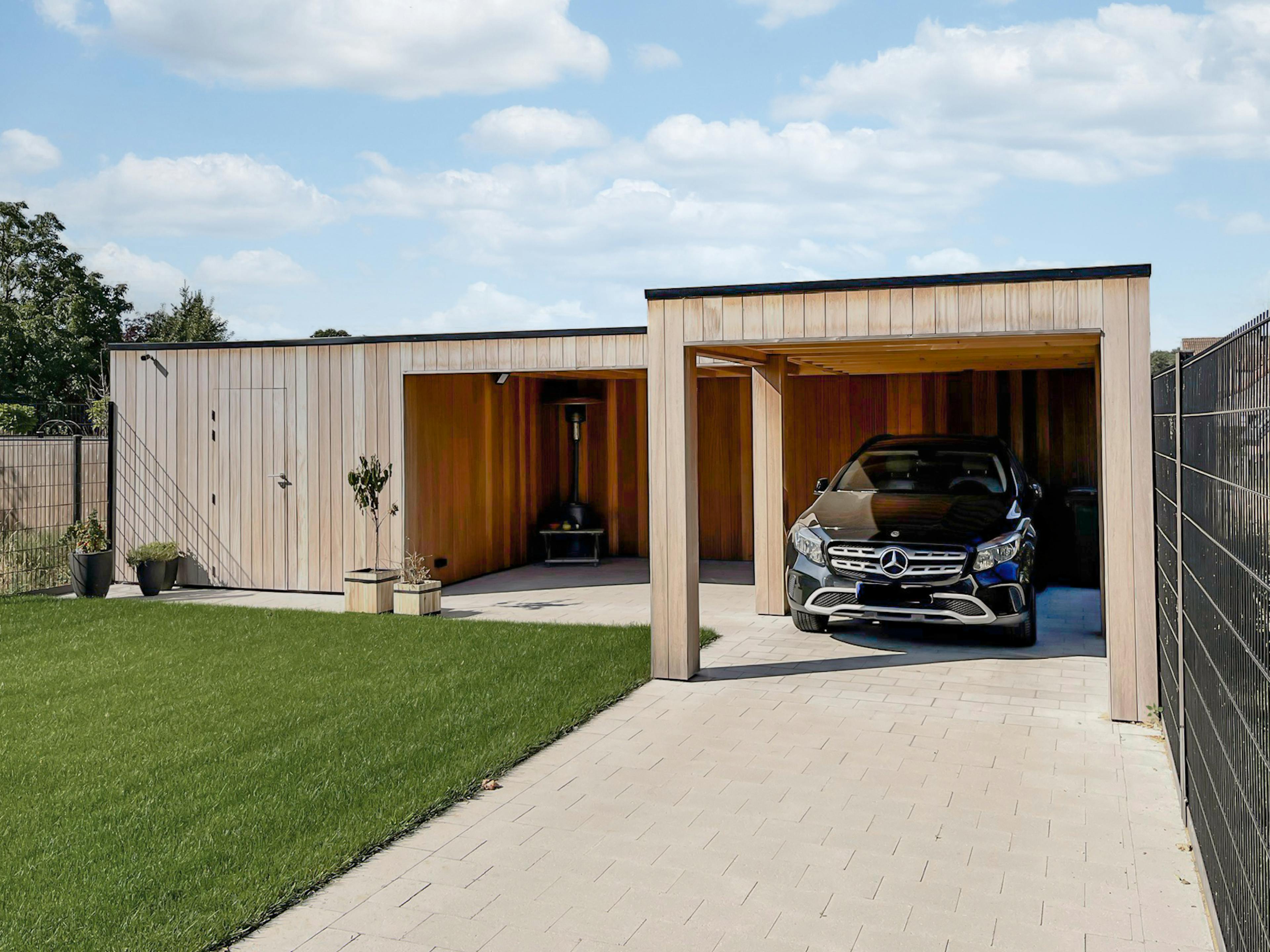 carport modern met tuinhuis en afdak hardhout Tessenderlo