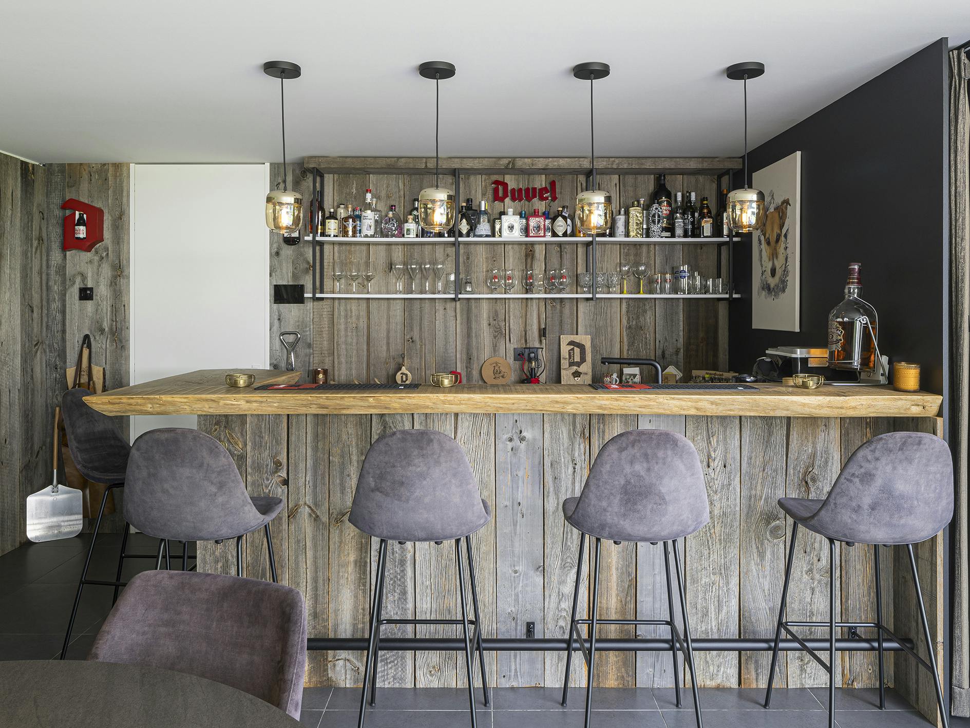 bar in poolhouse met barnwood