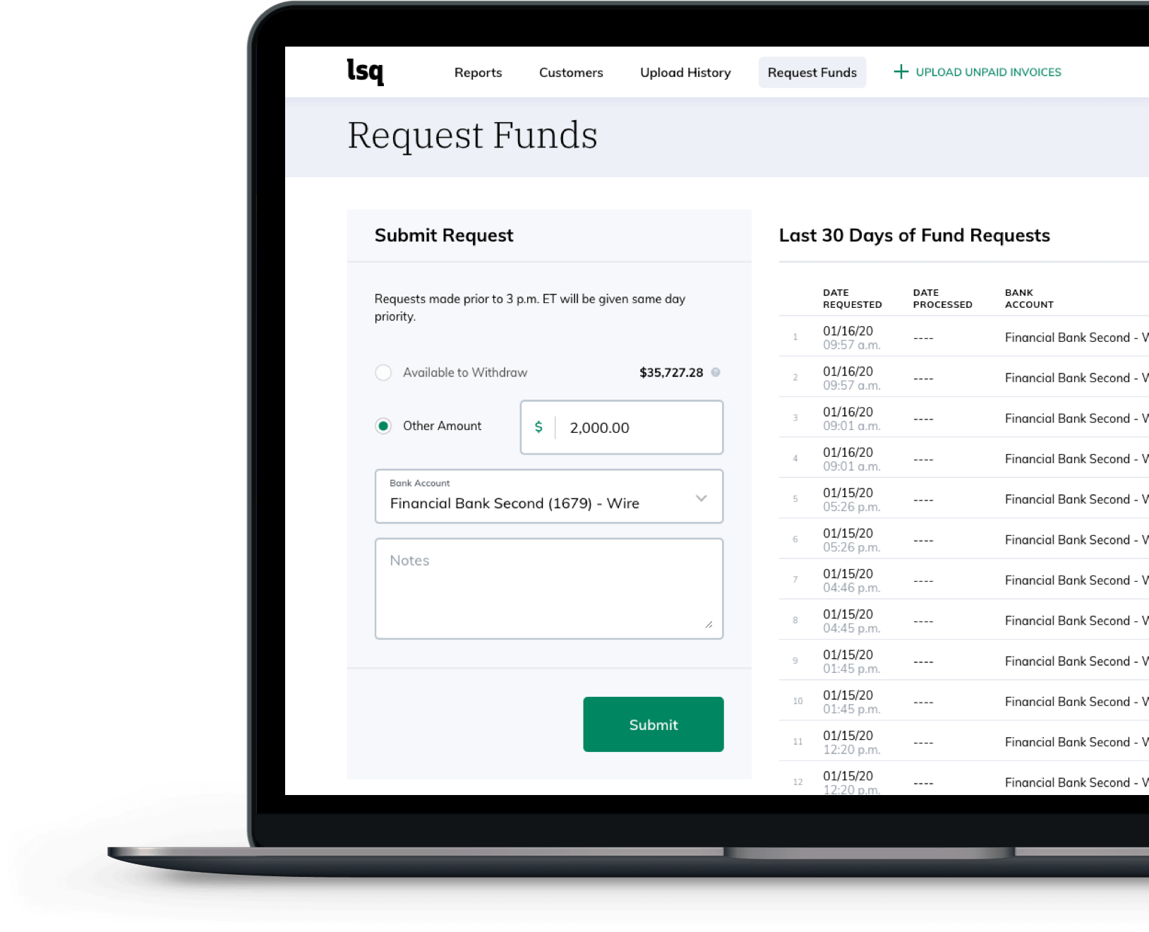 LSQ Dashboard software screenshot requesting funds