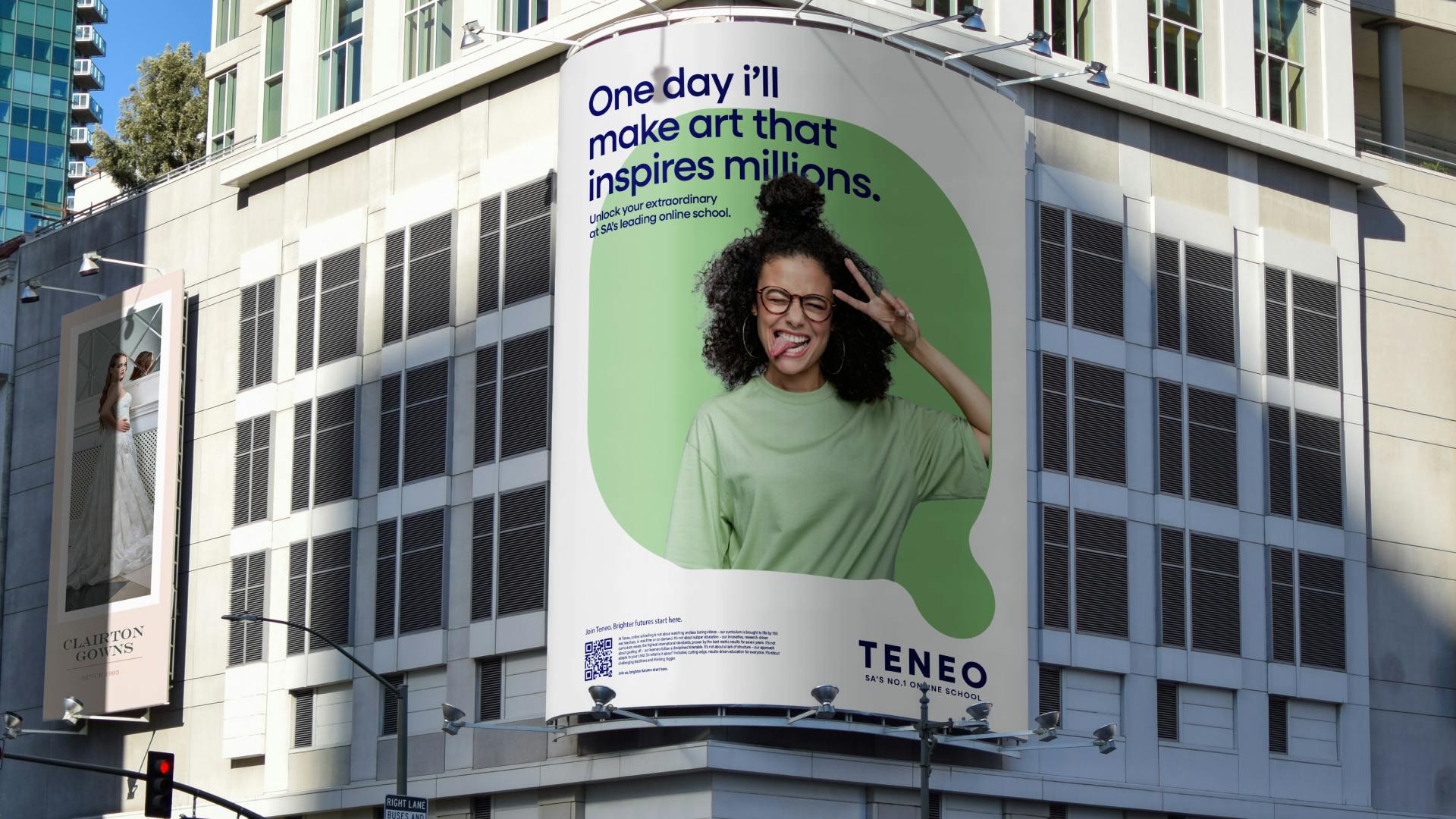 Teneo poster with girl doing peace sign