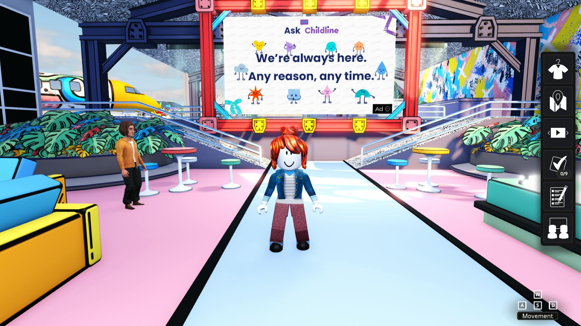 A screenshot showcasing a Childline advert placed in Roblox
