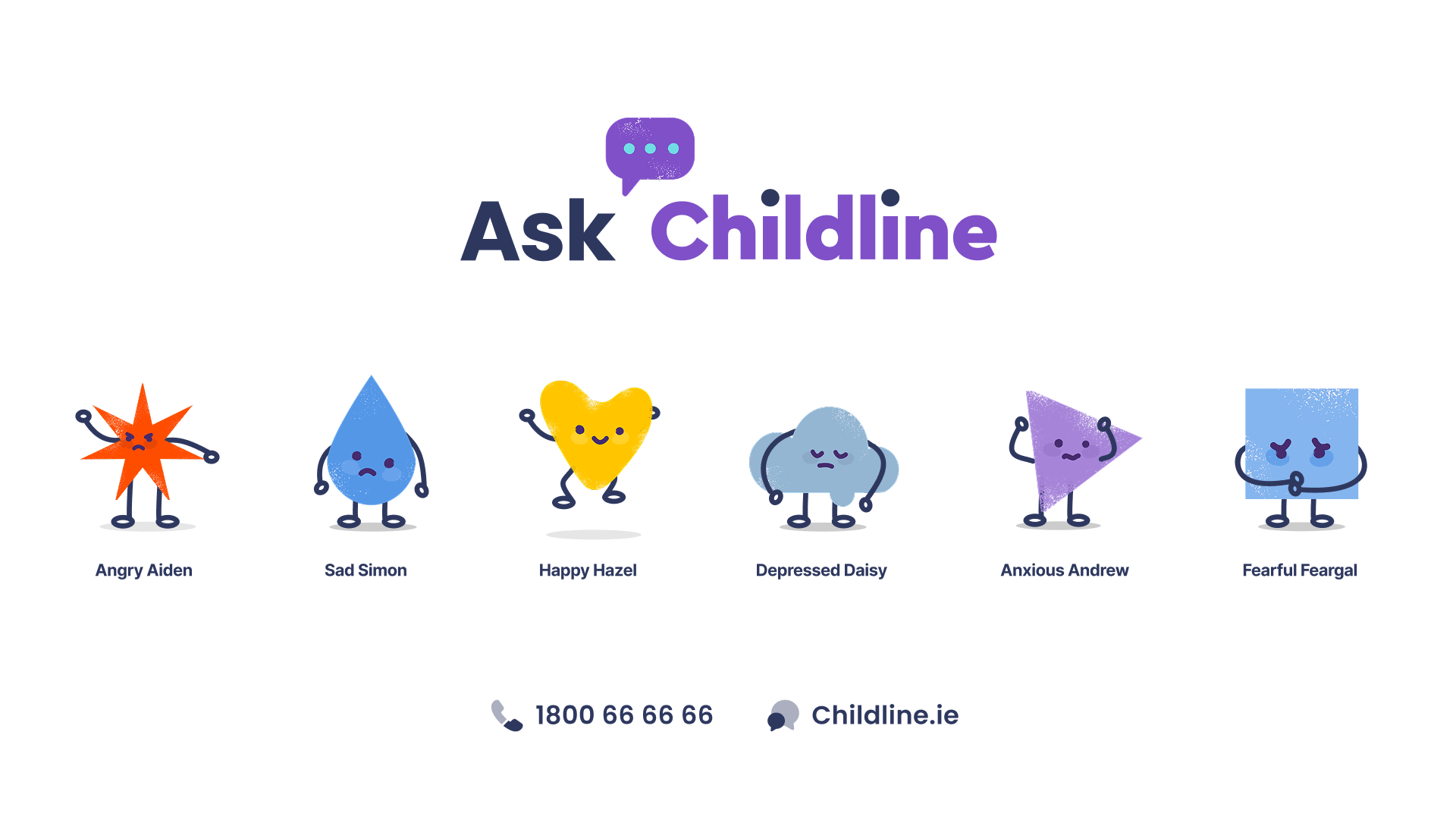 A picture displaying characters representative of emotions. Phone number: 1800 66 66 66. Website: childline.ie