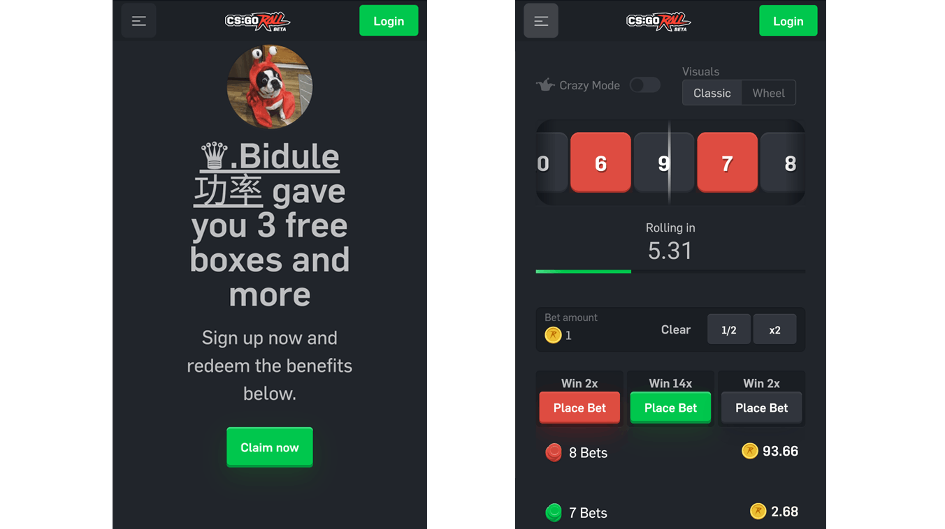 site version mobile de csgoroll.com
