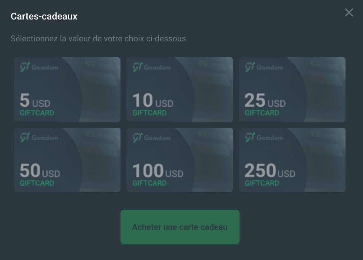 choix de cartes-cadeaux Gamdom Paypal