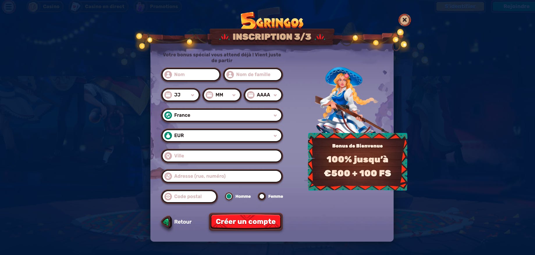 Deuxième partie des informations à remplir pour s'inscrire sur 5Gringos