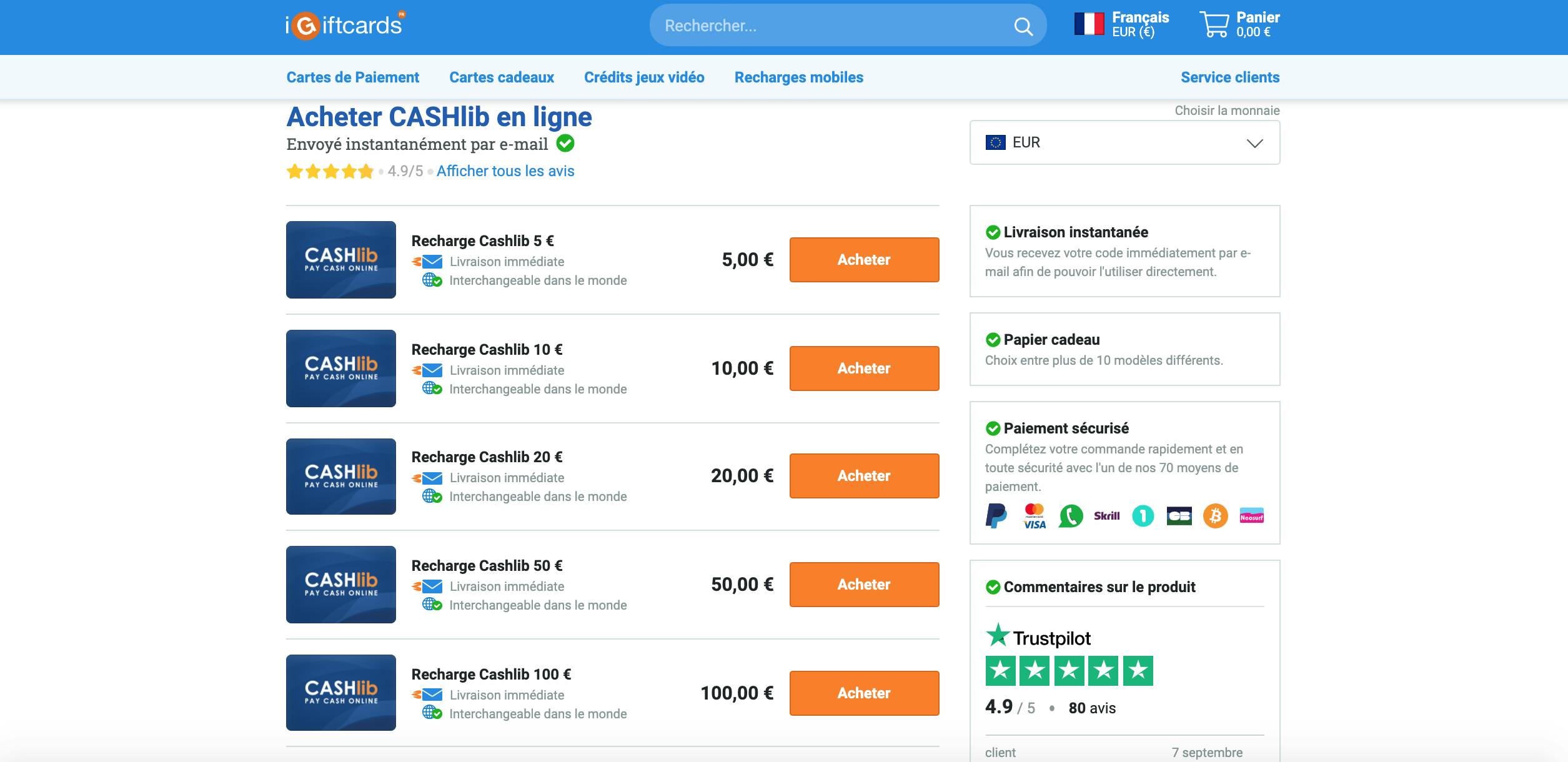 choix des cartes cashlib