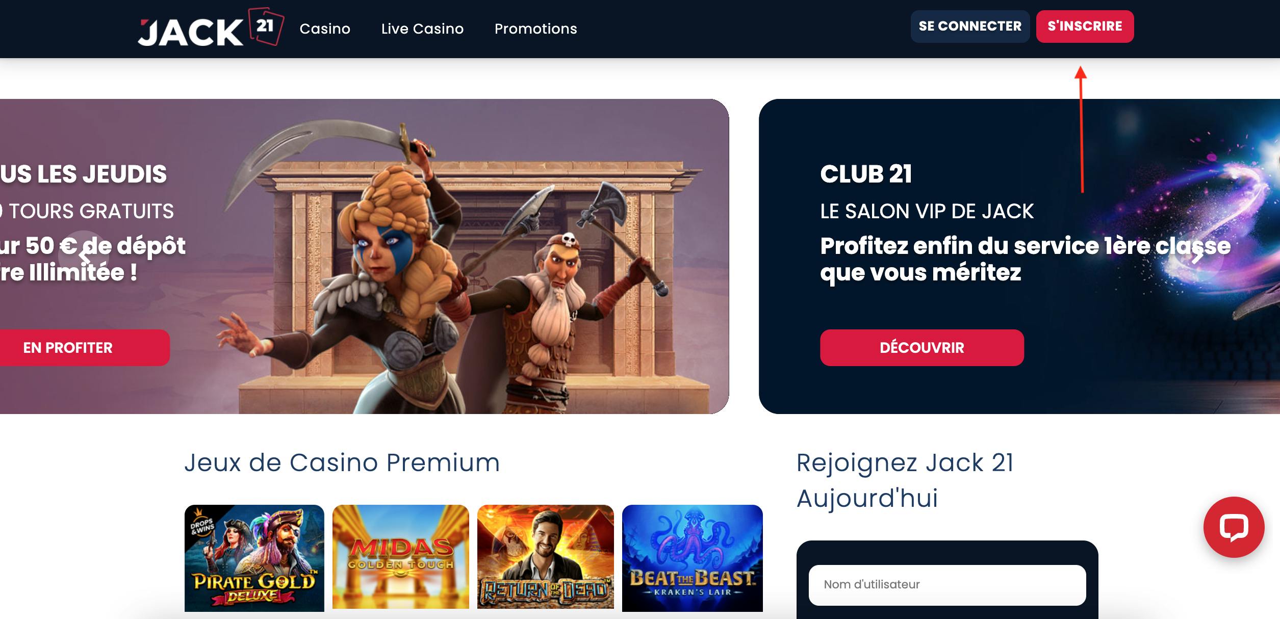 s'inscrire sur Jack21