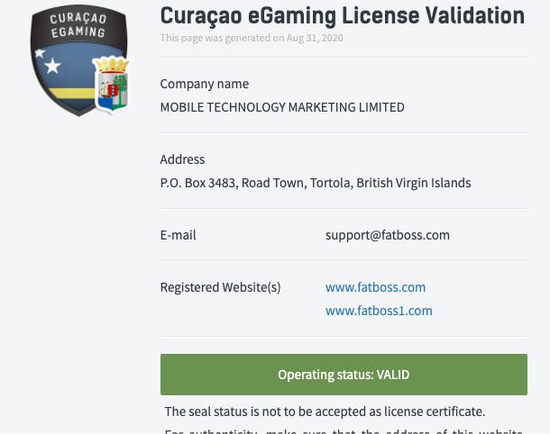 licence Fatboss casino