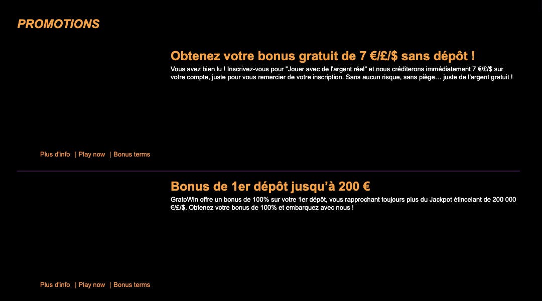 Certaines promotions disponibles sur Gratowin.