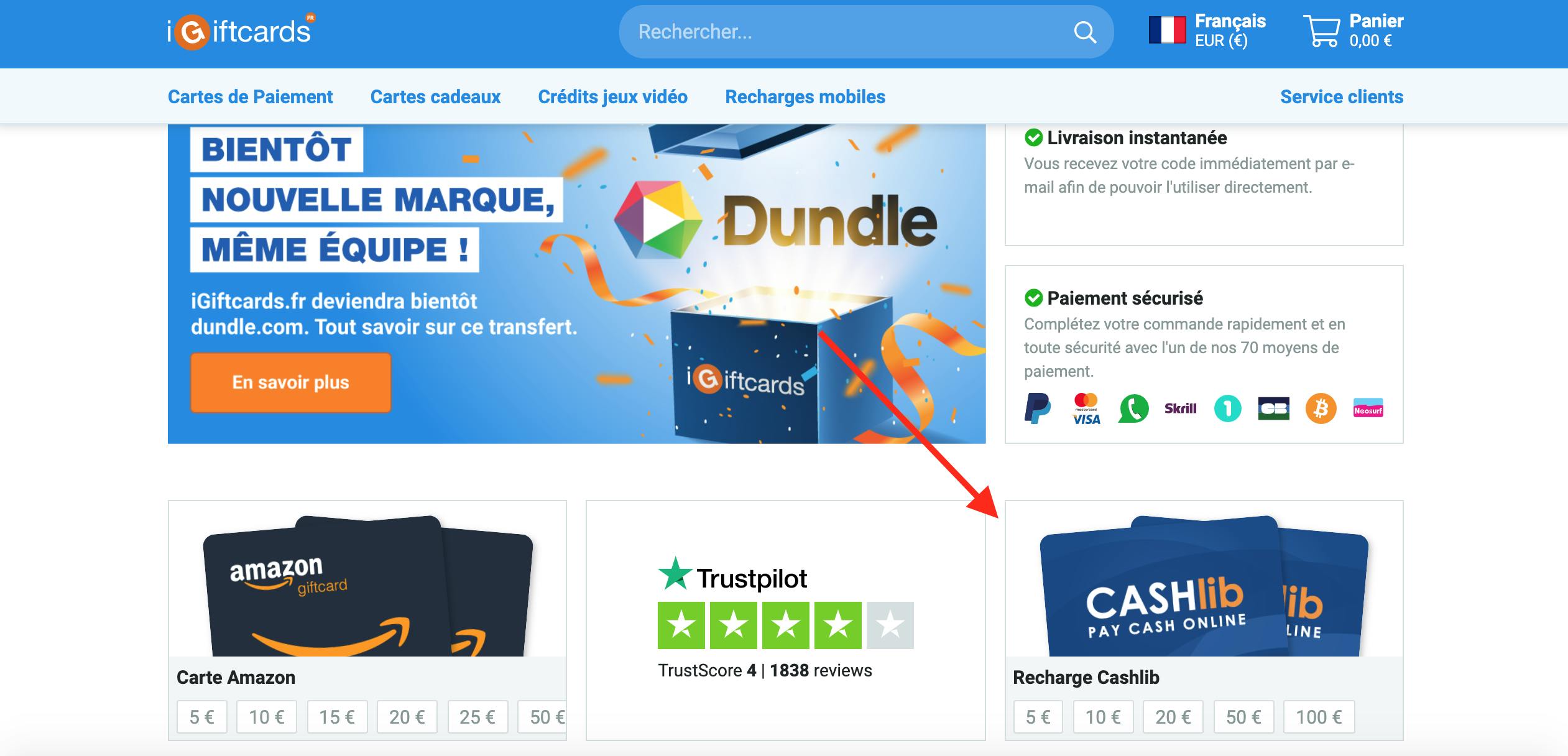 homepage pour acheter cashlib