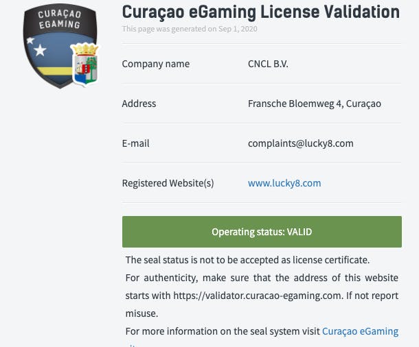 Licence Lucky8 Casino