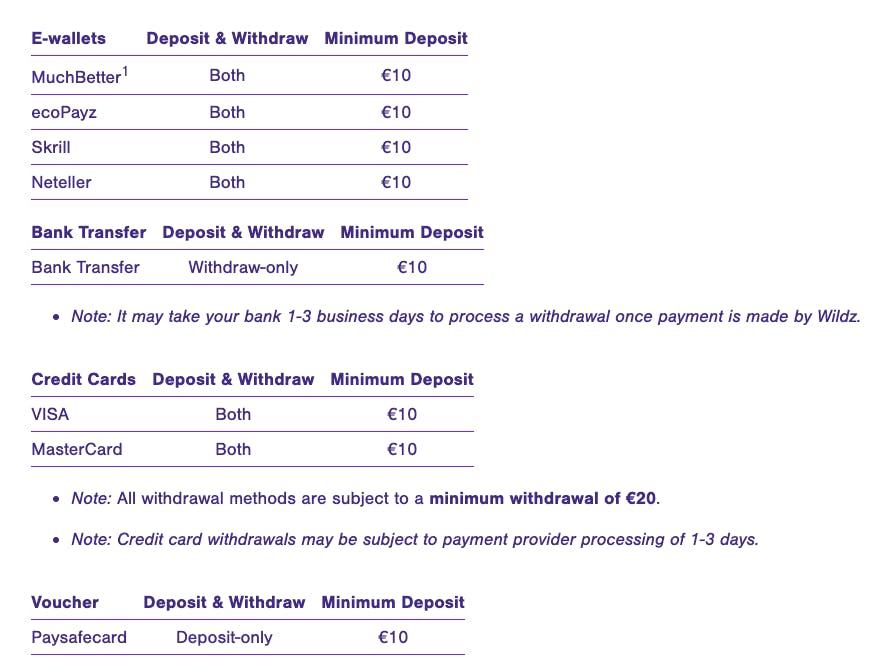 payment methods wildz