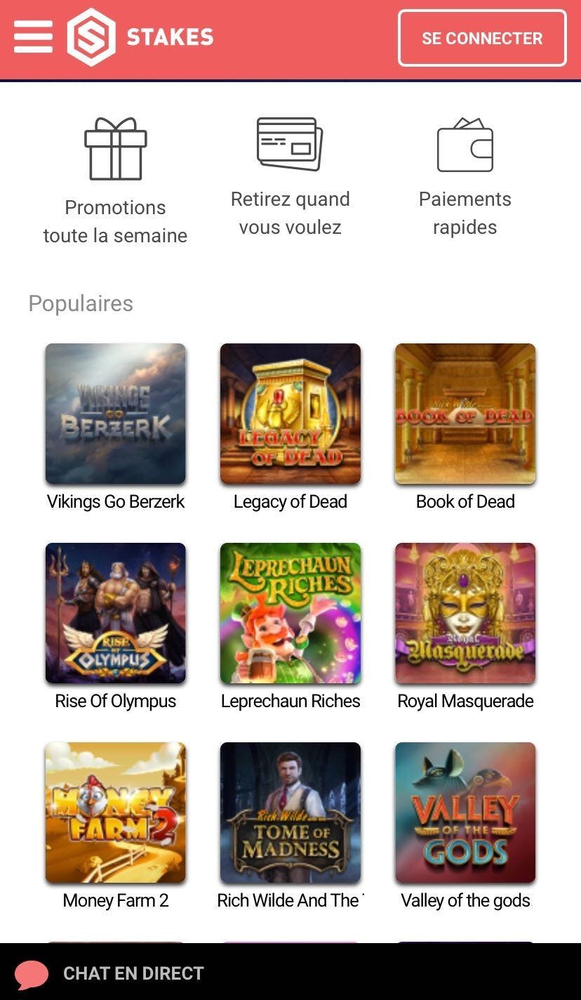 page d'accueil stakes sur téléphone mobile