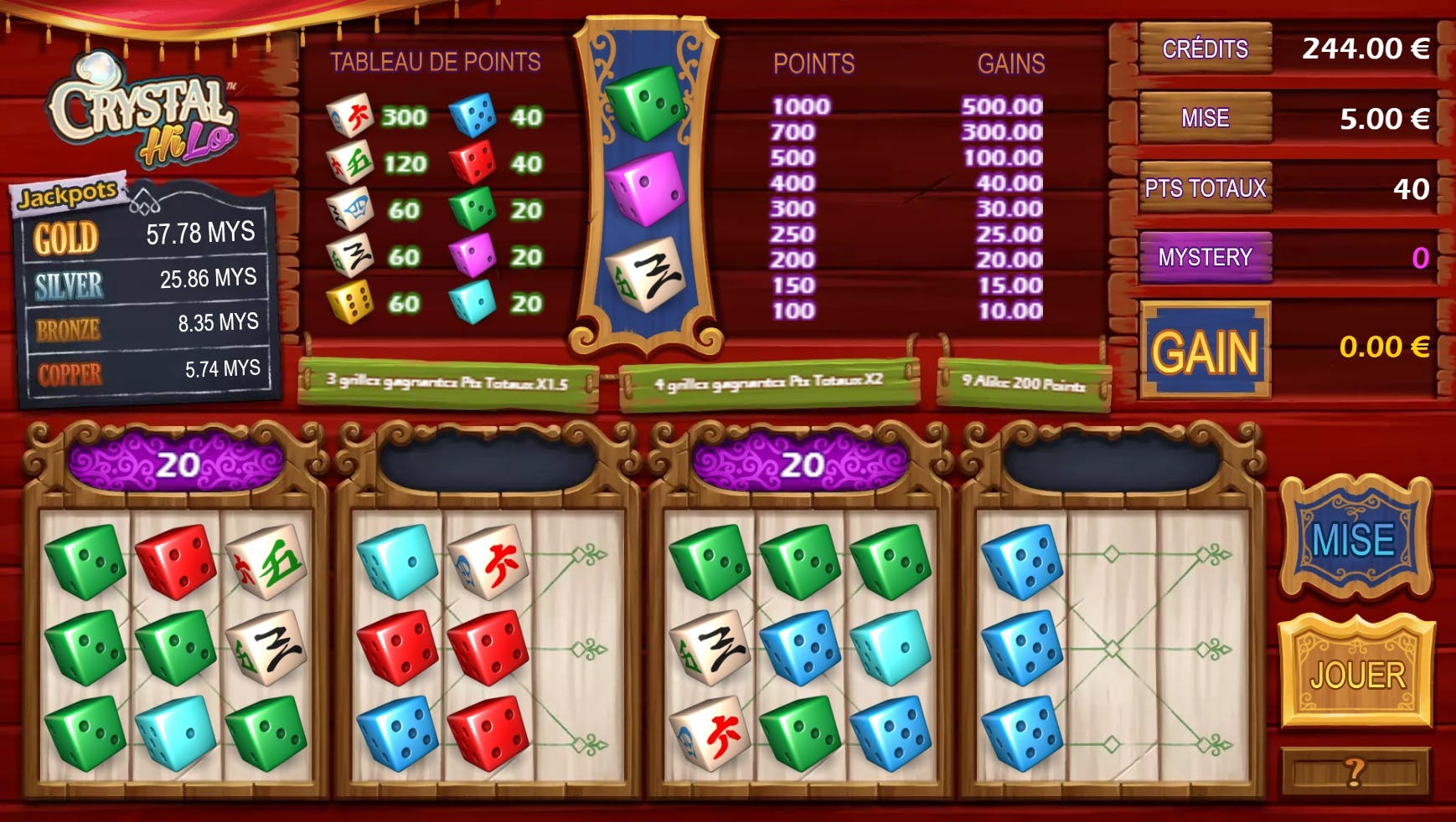 Gaming1 Crystal Hi-Lo jeu de dés avec jackpot