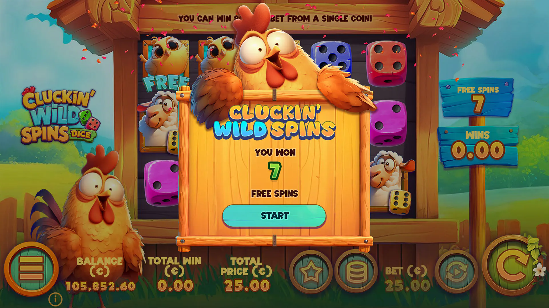Univers déjanté sur Cluckin' Wild Spins Dice