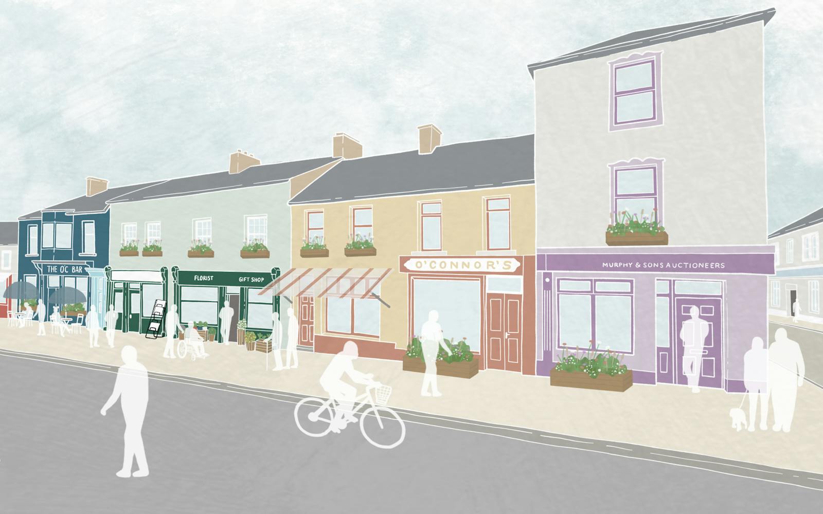Digital drawing of high street shops and pedestrians