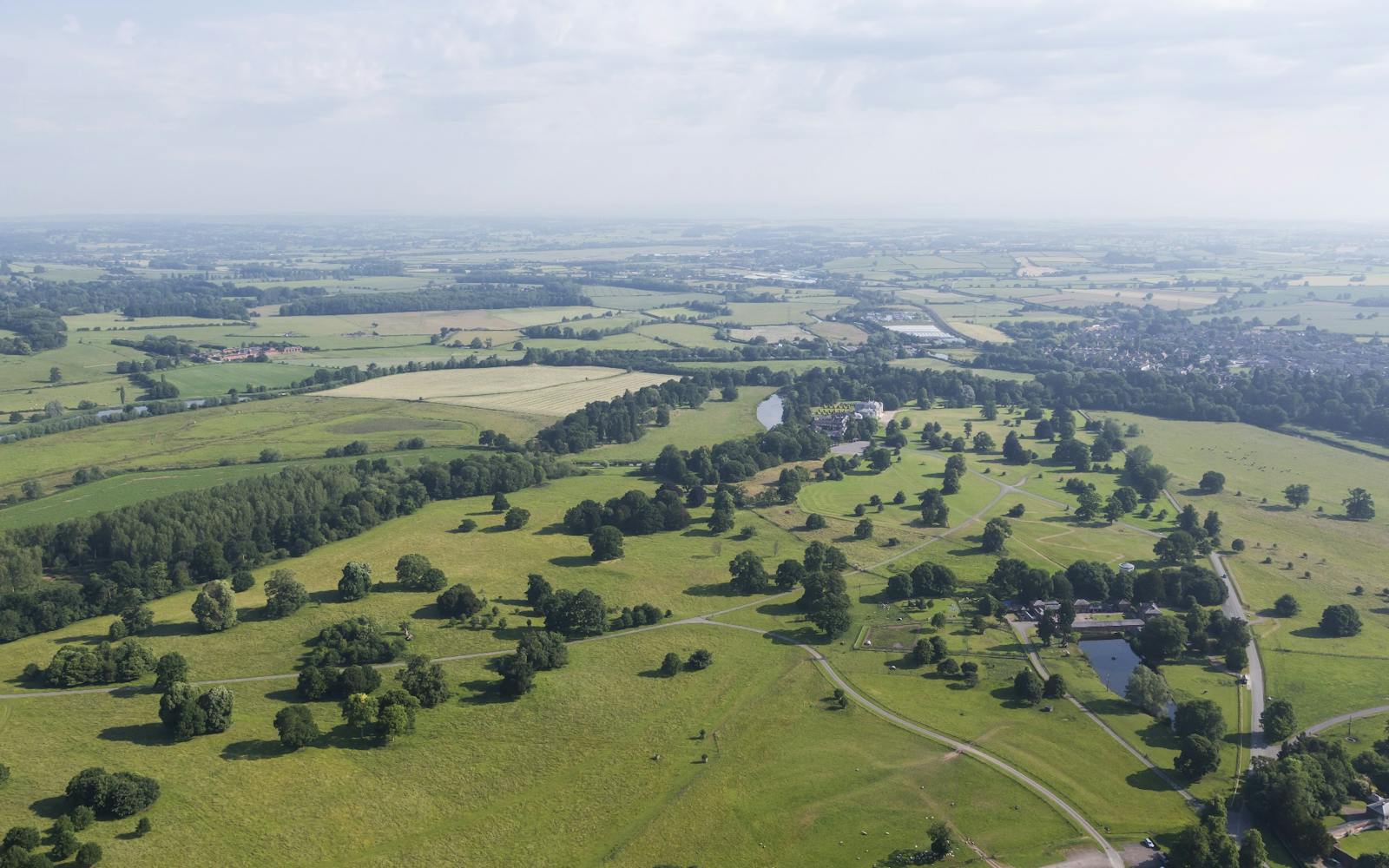 Aerial view of a green landscape with fields and trees