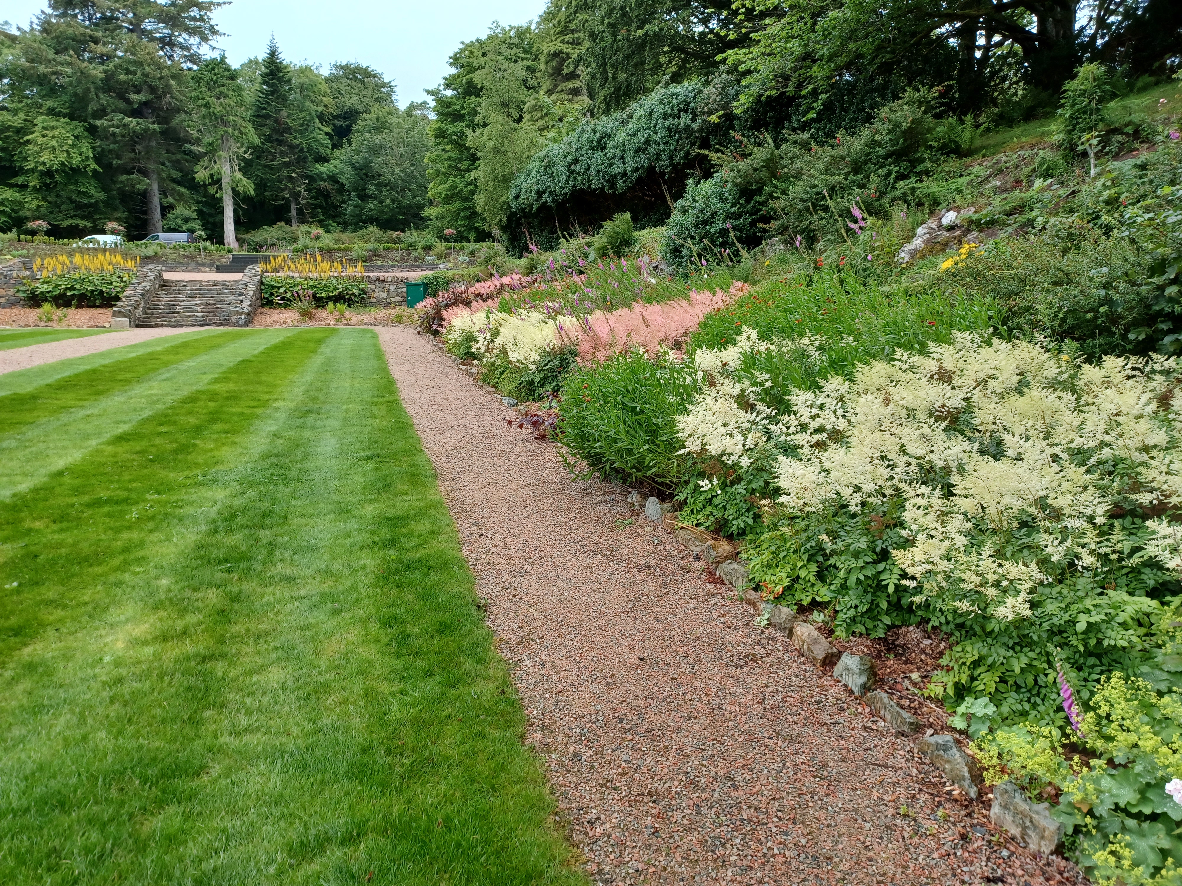 Lawn with flower beds and pathway