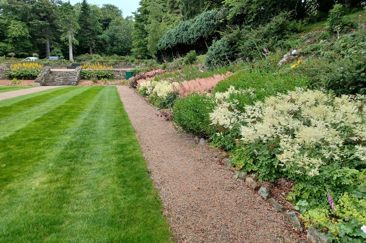 Lawn with flower beds and pathway