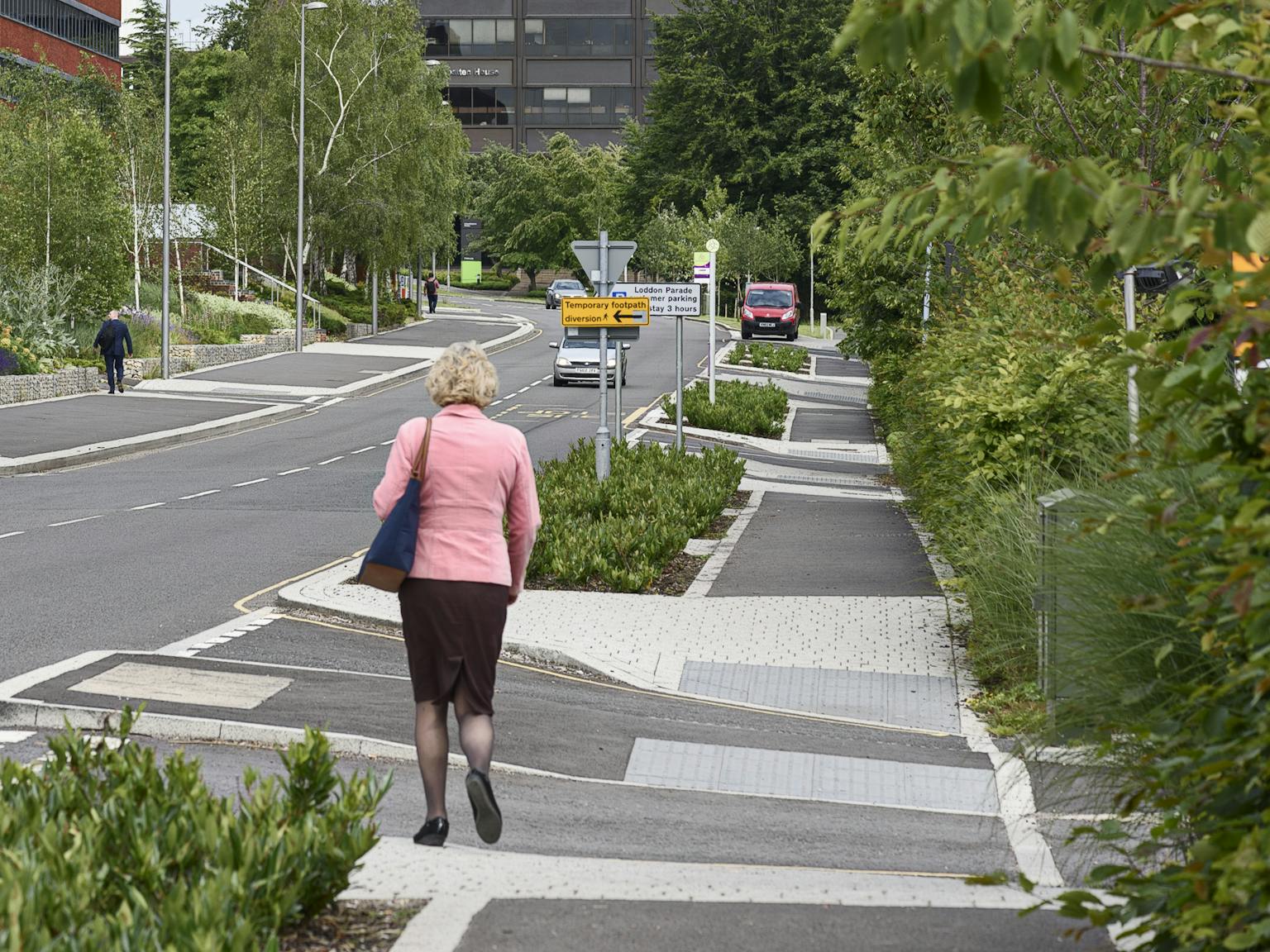 Road, plant beds and a person walking