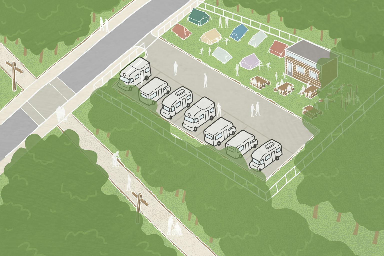 Digital drawing of vehicles and campsite