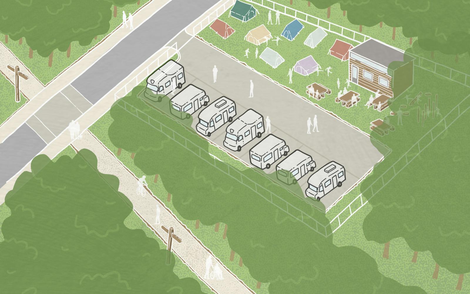 Digital drawing of vehicles and campsite