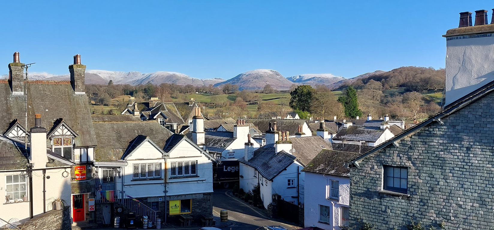 Village houses with mountain in distance 