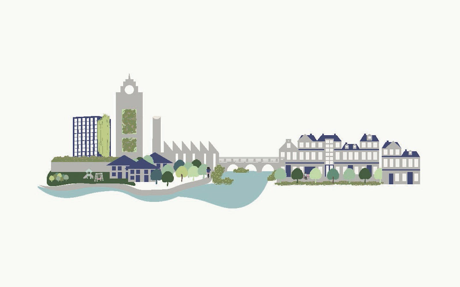 Graphic showing buildings, bridge and river